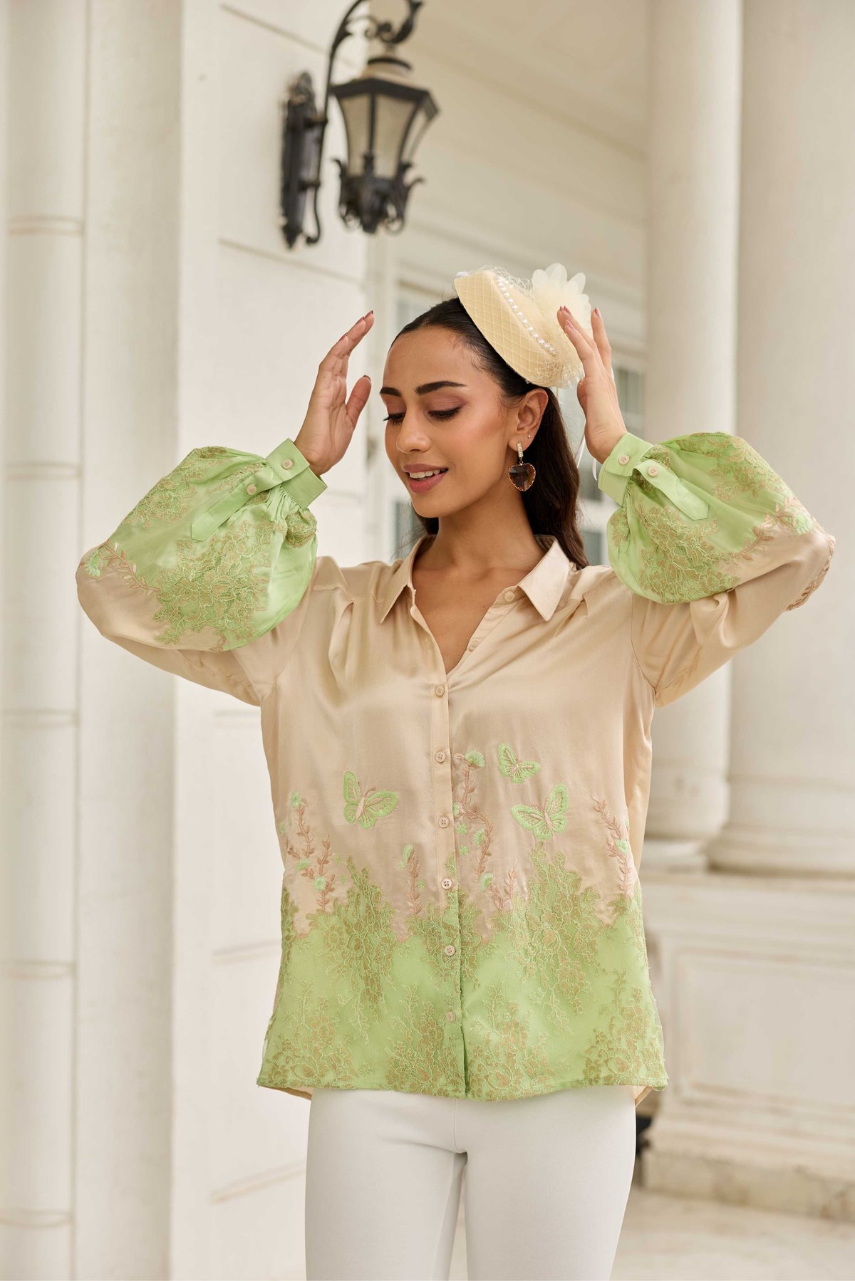 Ember Stone-Sage Hand Embroidered French Lace Satin Silk Shirt