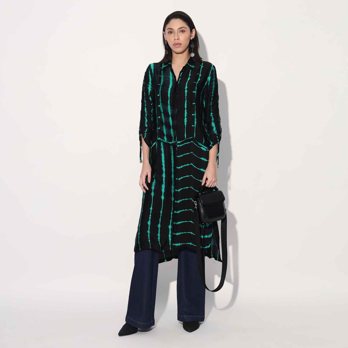 Green/Black Shibori Striped Satin Midi Shirtdress