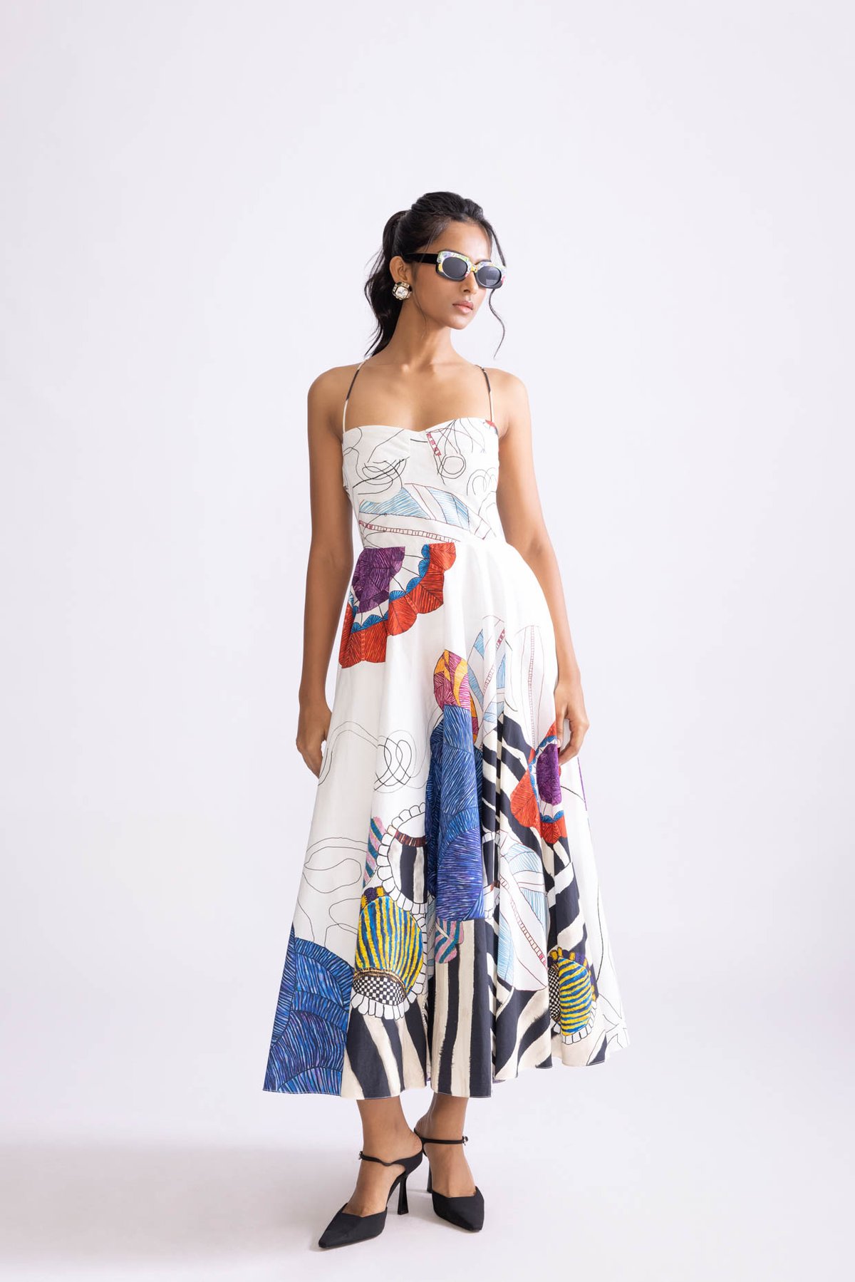 Ivory/Blue Tribal Placement Print Fit and Flare Midi Dress