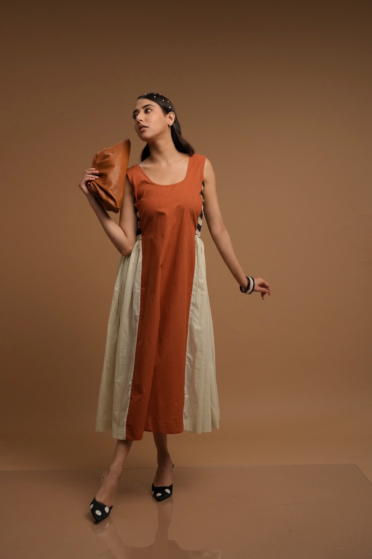 Orange Colorblocked Organic Cotton Midi Dress