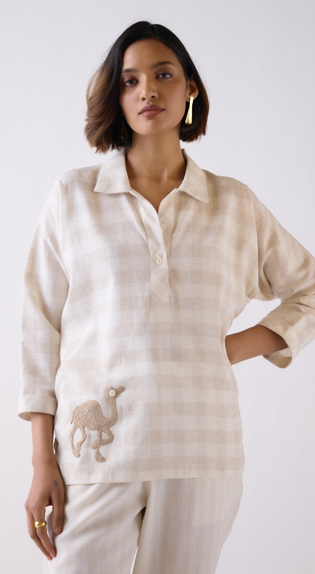 Ivory Cotton Jacquard Checked Shirt with Dori Work