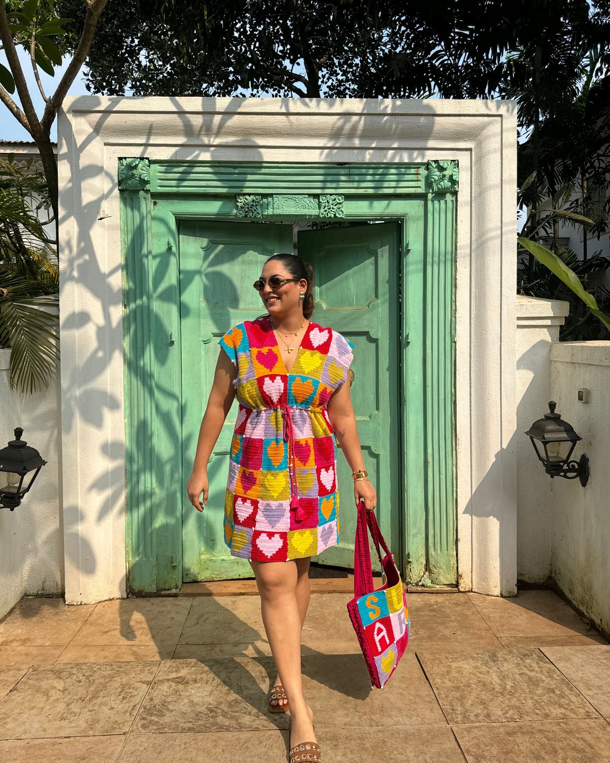 Multicolour Crochet Colorblock Heart Mini Dress with Tie-Up