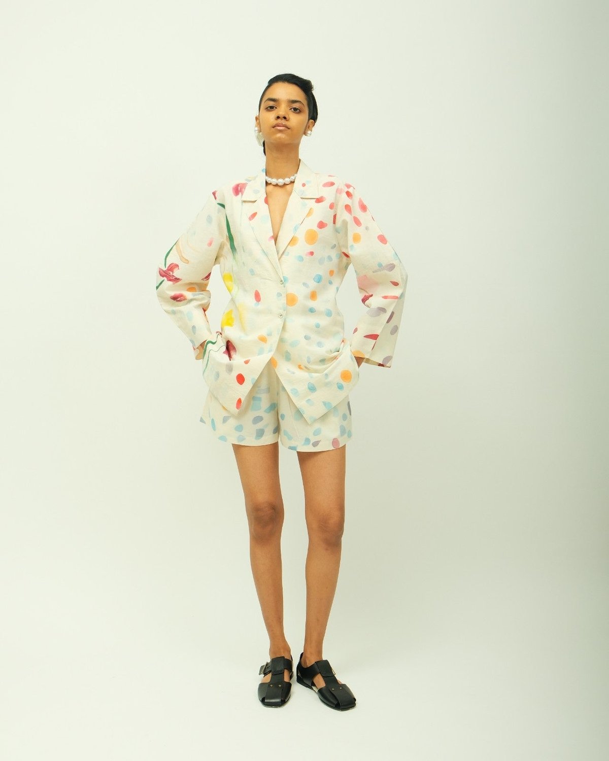 Off White Abstract Printed Poplin Drawstring Shorts