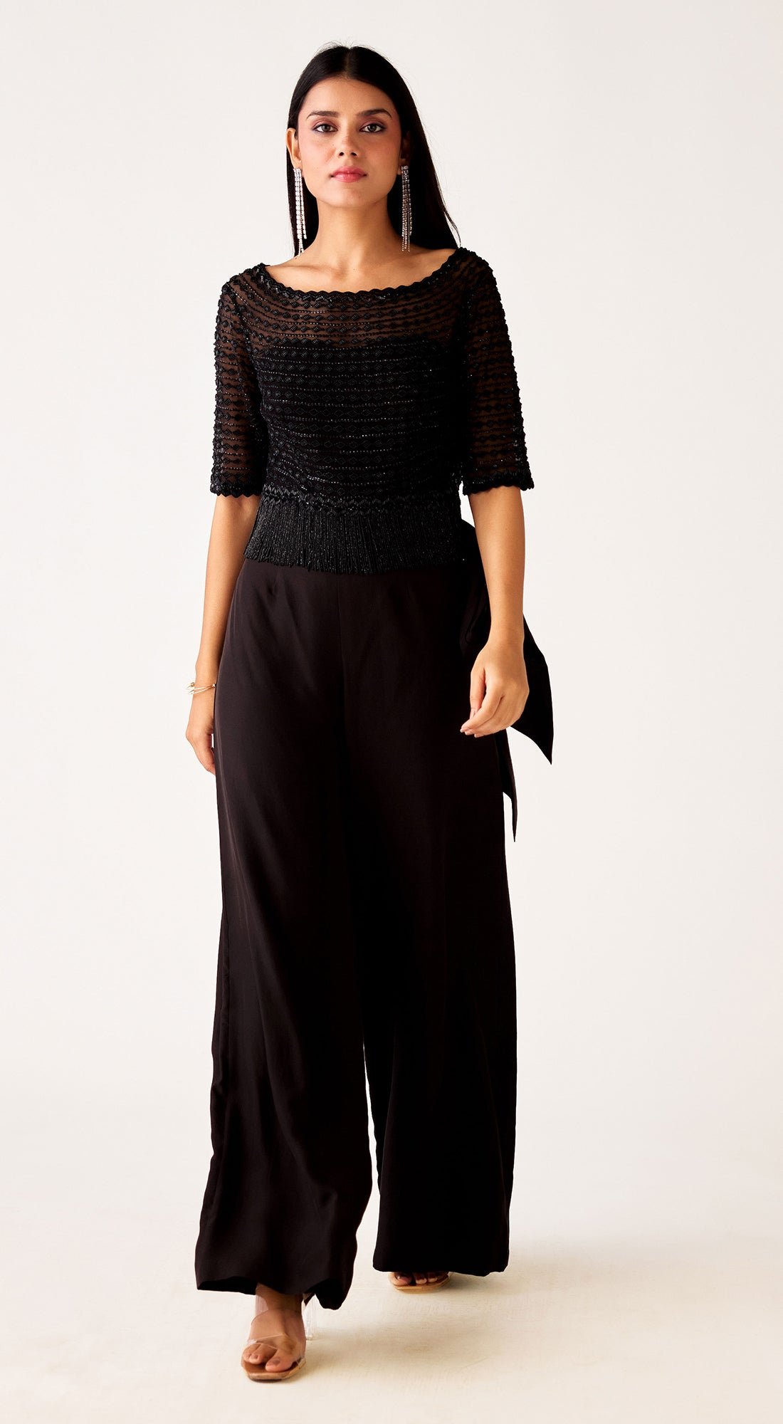Black Sheer Embellished Co-ord Set with Wide-Leg Pants