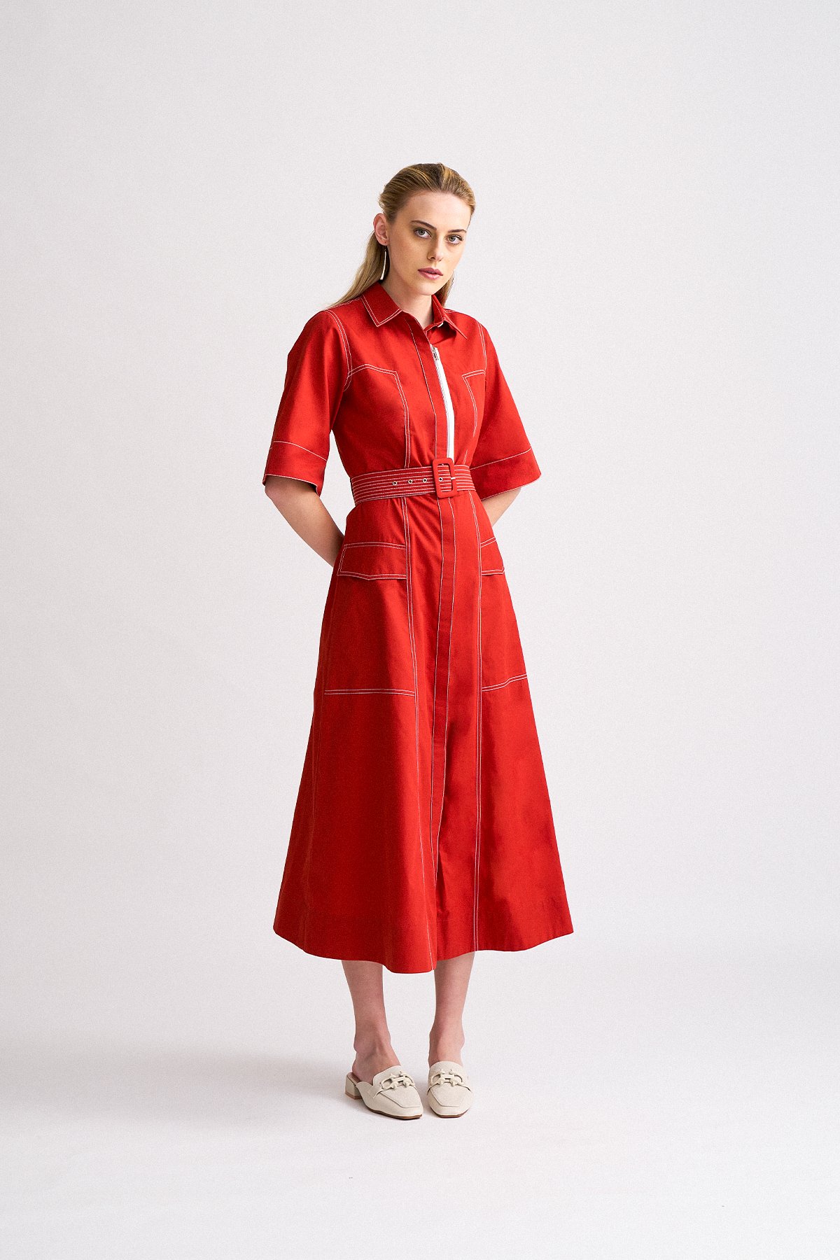 Orange Cotton Poplin Utility Shirt Dress with Belt