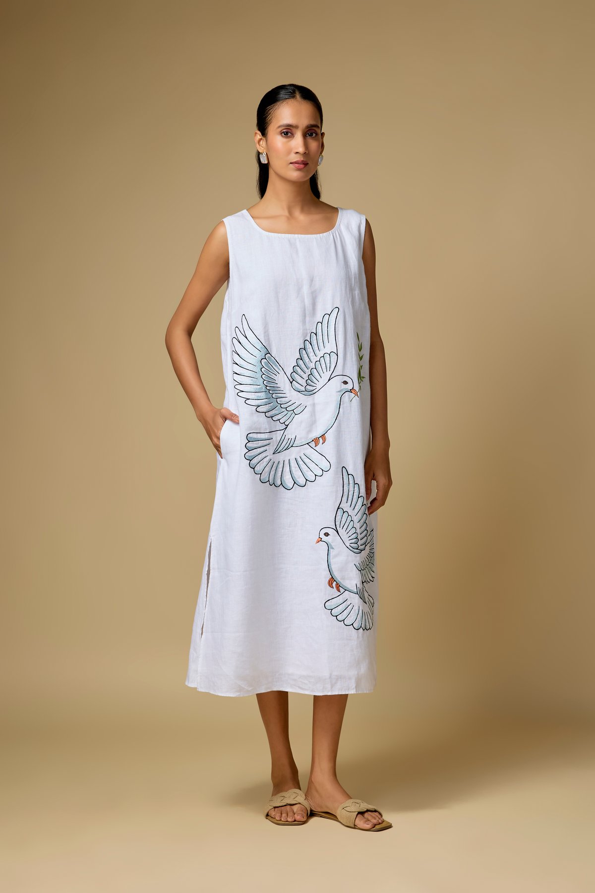 White Linen Midi Shift Dress with Dove Placement Print