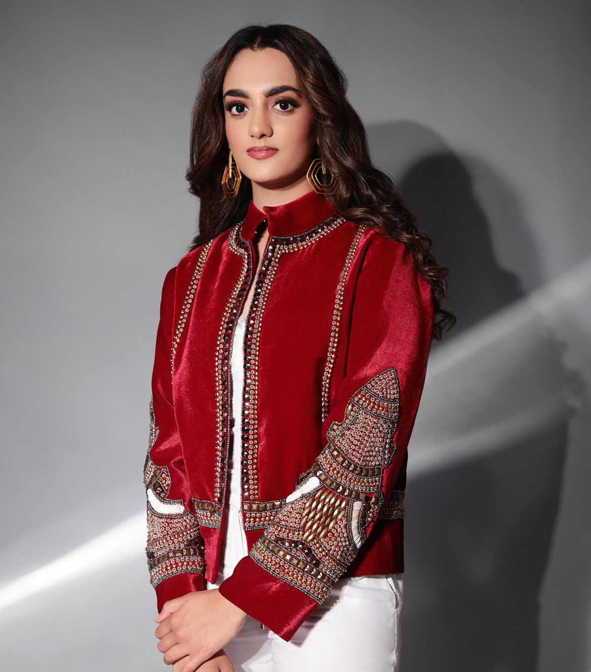 Red Velvet Cropped Embellished Jacket