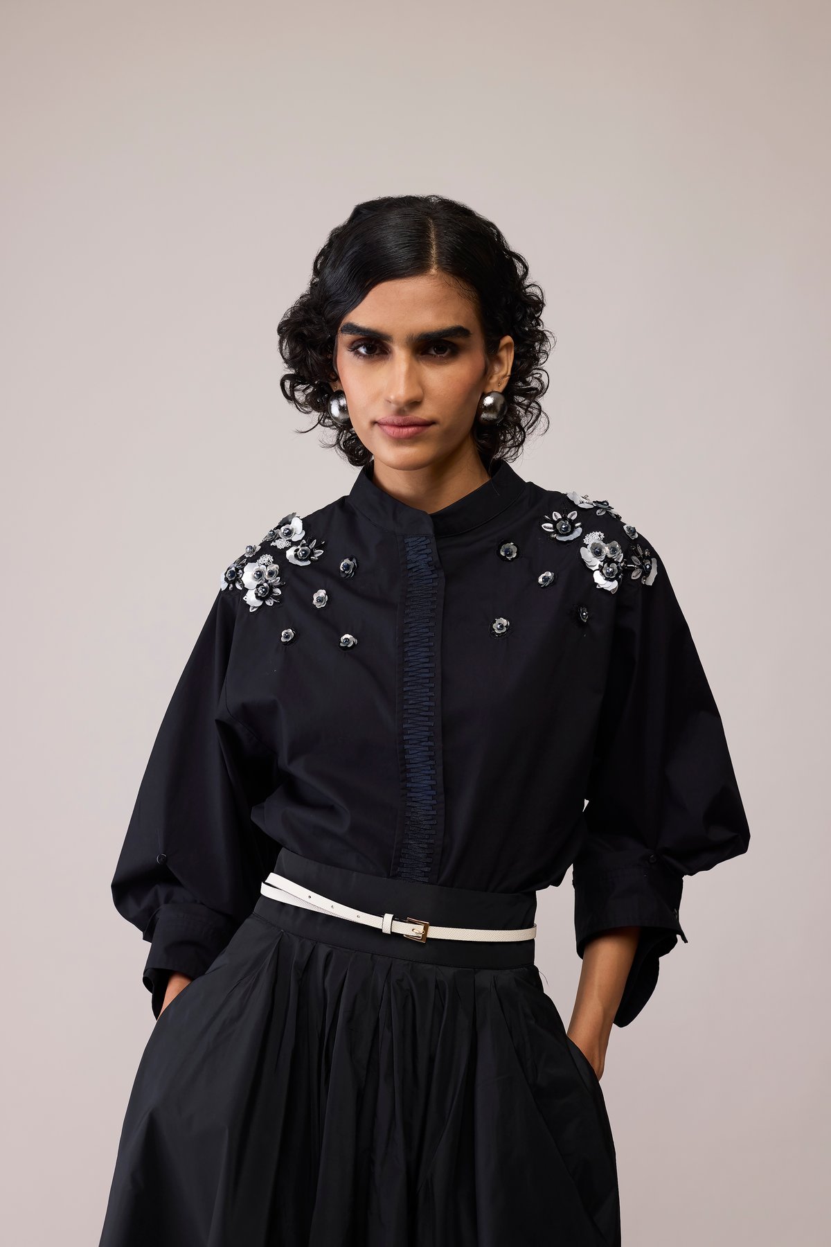 Black Poplin Shirt with 3D Floral Applique