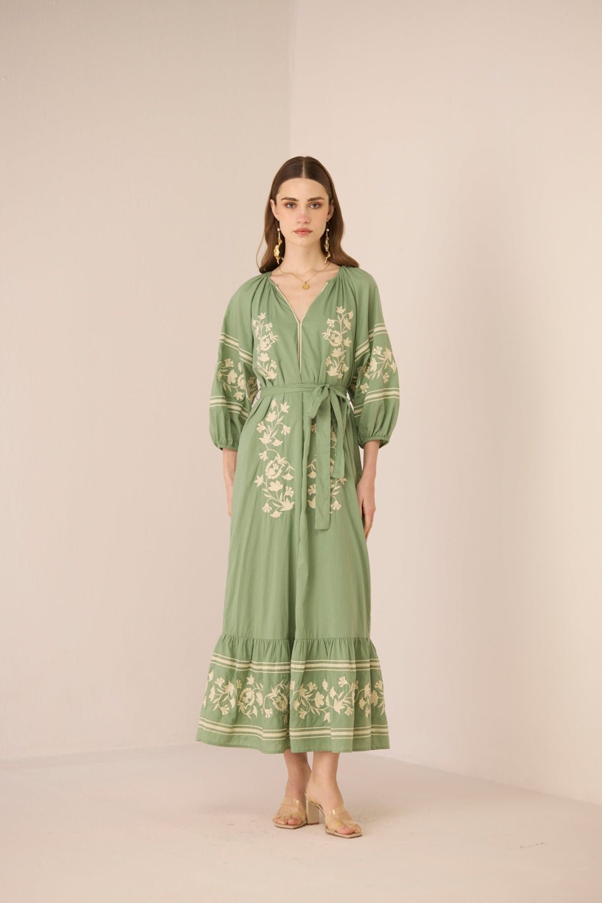 Epsom Green Cotton Embroidered Belted Maxi Dress