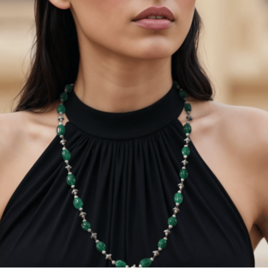 Carved Green and Small Pearl Chain