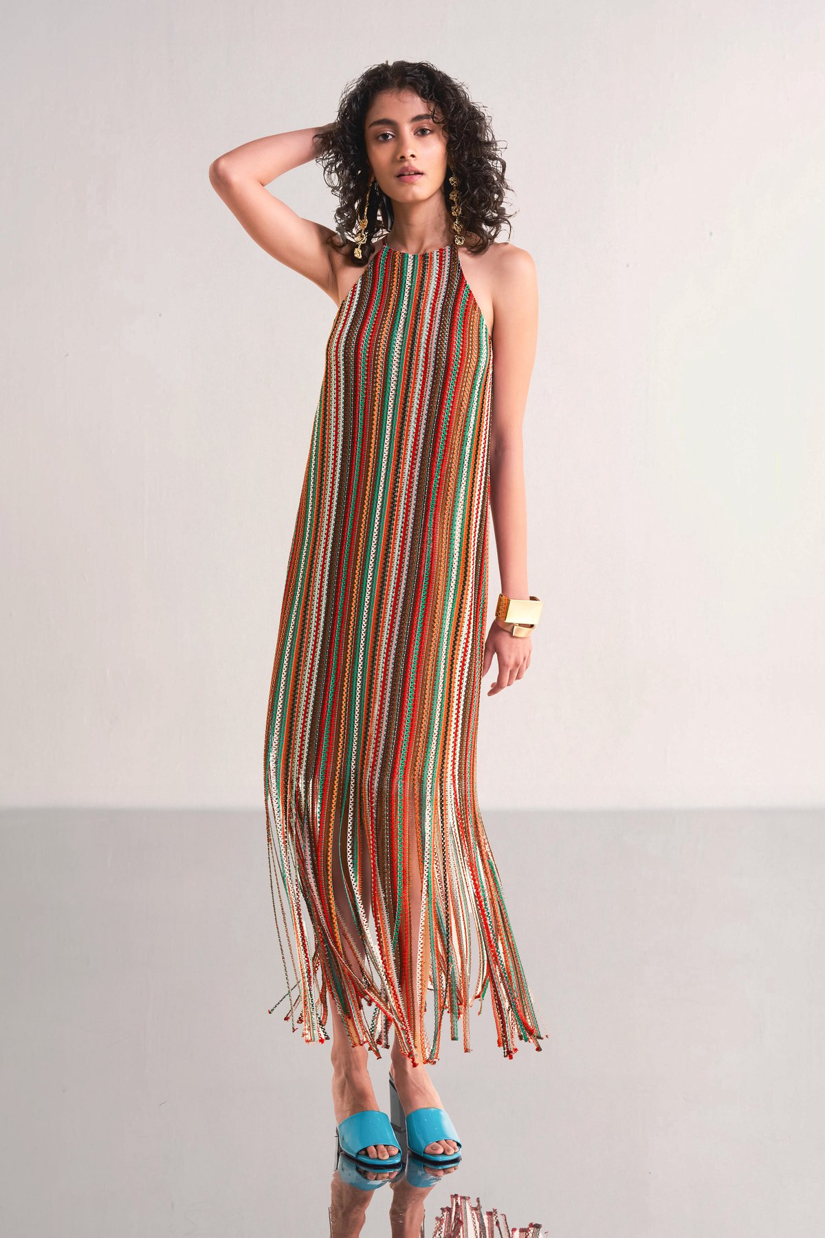 Multicolour Halter Neck Fringe Crochet Knit Midi Dress