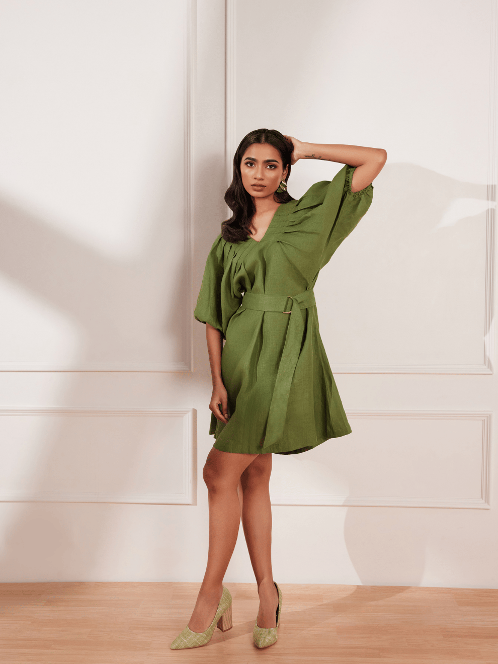 Moss Green Hemp V-Neck Belted Fit and Flare Dress
