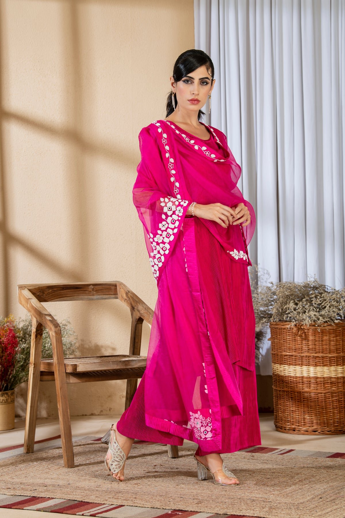 Hot Pink Pleated Satin Kurta Set With Pearl-Work Dupatta