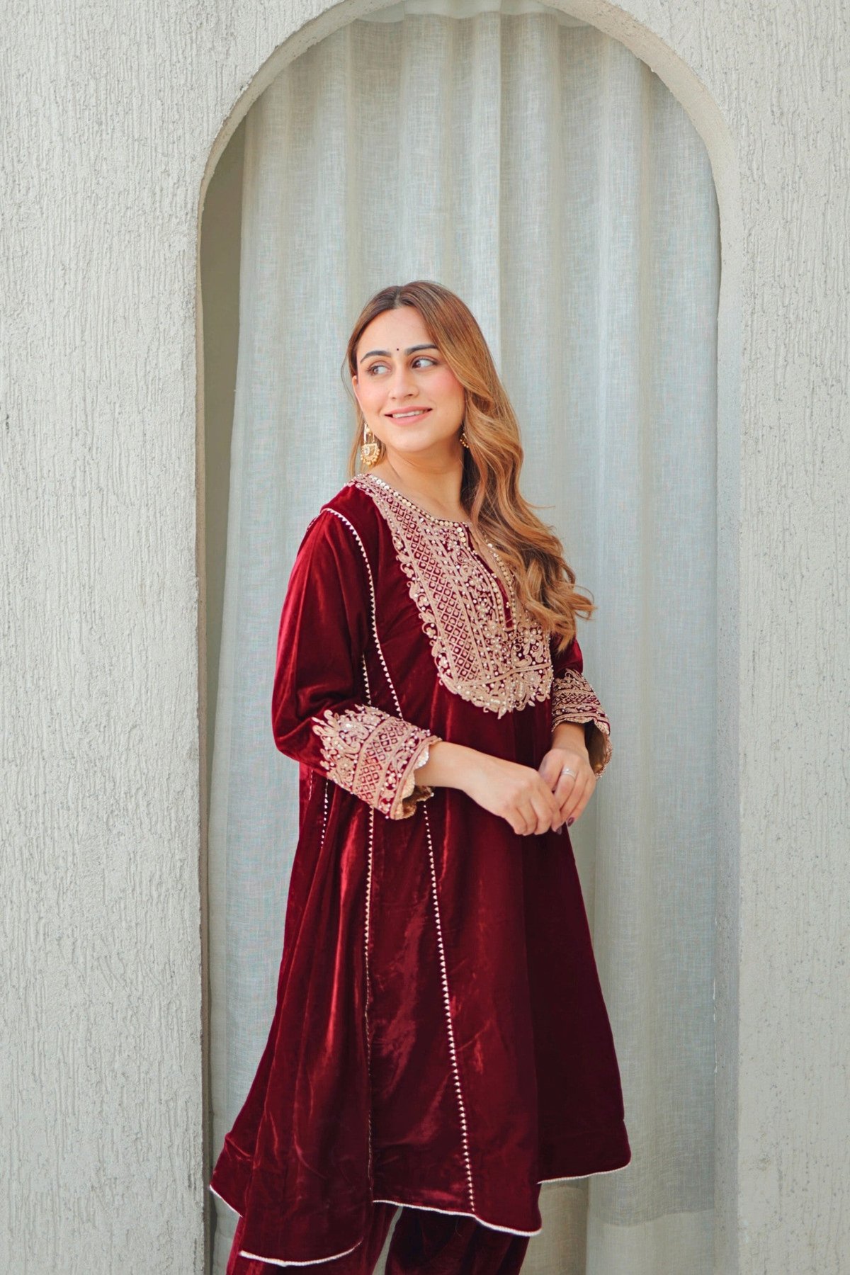 Maroon Silk Velvet Embroidered Kalidaar Kurta Set