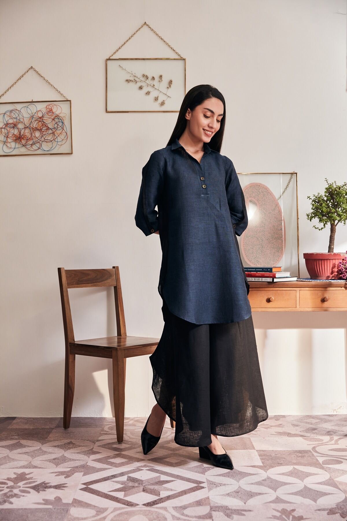 Dark Blue Linen Straight Kurta with High-Low Hem