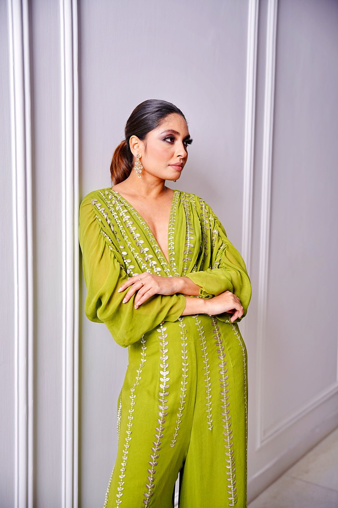 Parrot Green Embellished Kimono Sleeve Jumpsuit