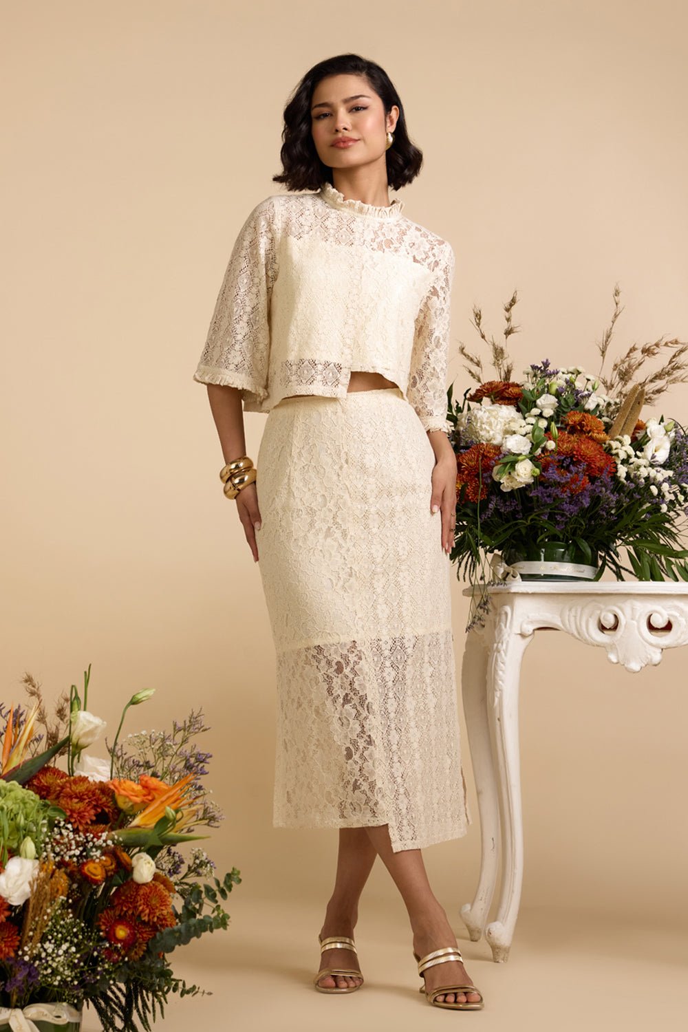 White Lace Crop Top and Midi Skirt Co-ord Set