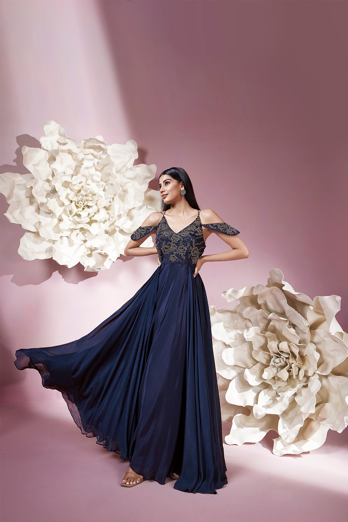 Navy Blue Chiffon Embroidered Cold-Shoulder Maxi Gown