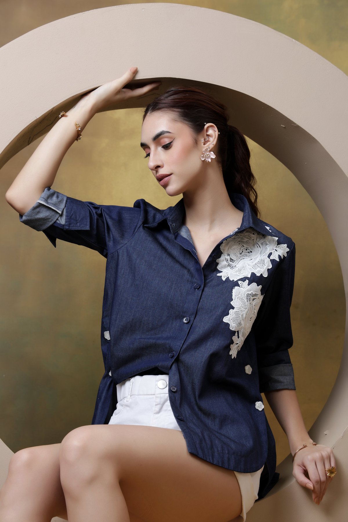 Dark Denim Shirt with White Lace Applique and High-Low Hem