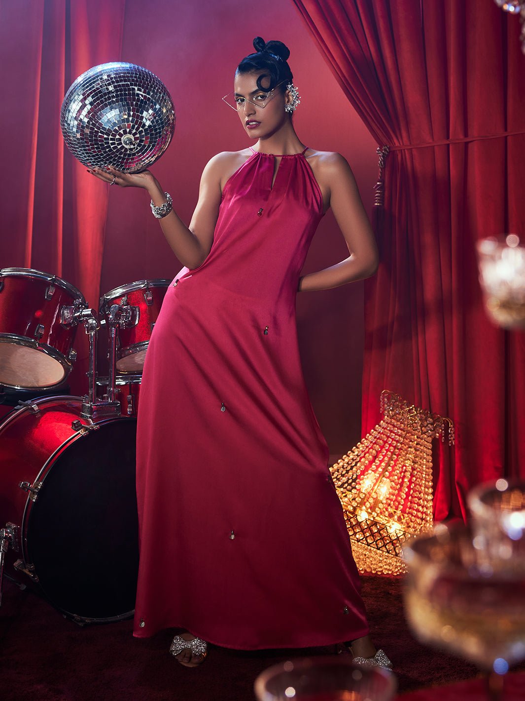 Fuchsia Satin Halter Neck Maxi Dress with Keyhole Detail