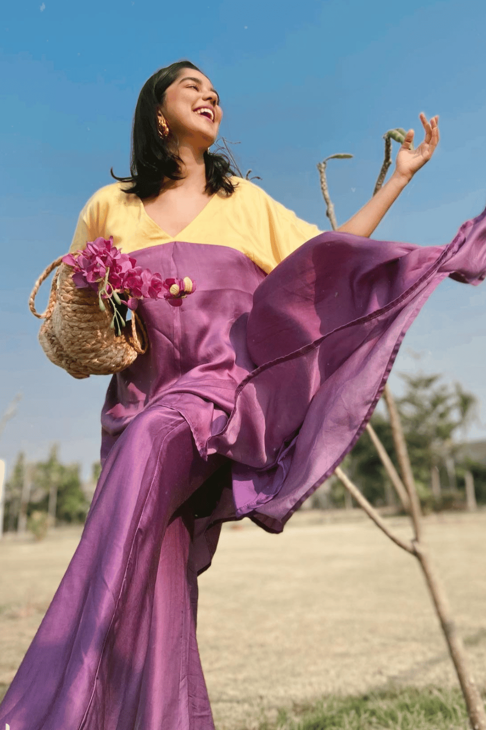 Purple Yellow Colorblocked Asymmetrical Kurta Set