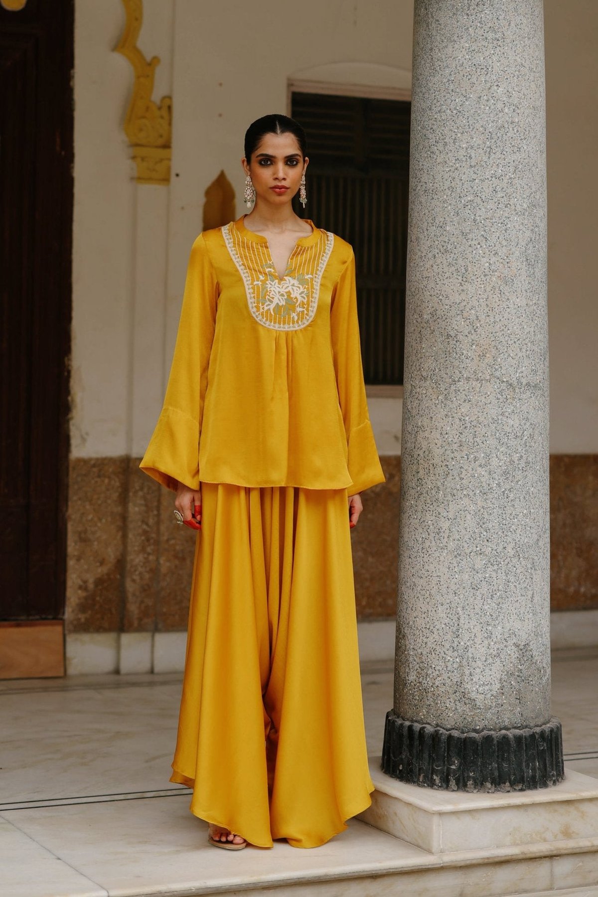 Mustard Embroidered Co-ord Set with Palazzo Pants