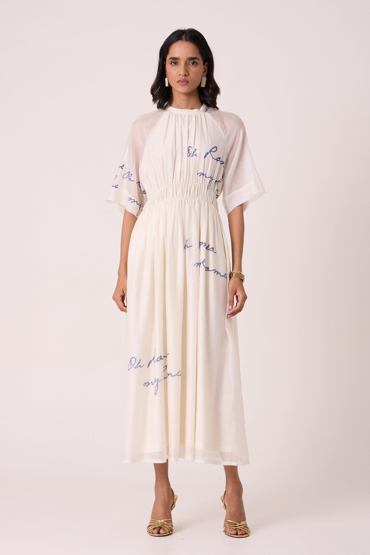 Arha White Hand Printed Ruched Dress
