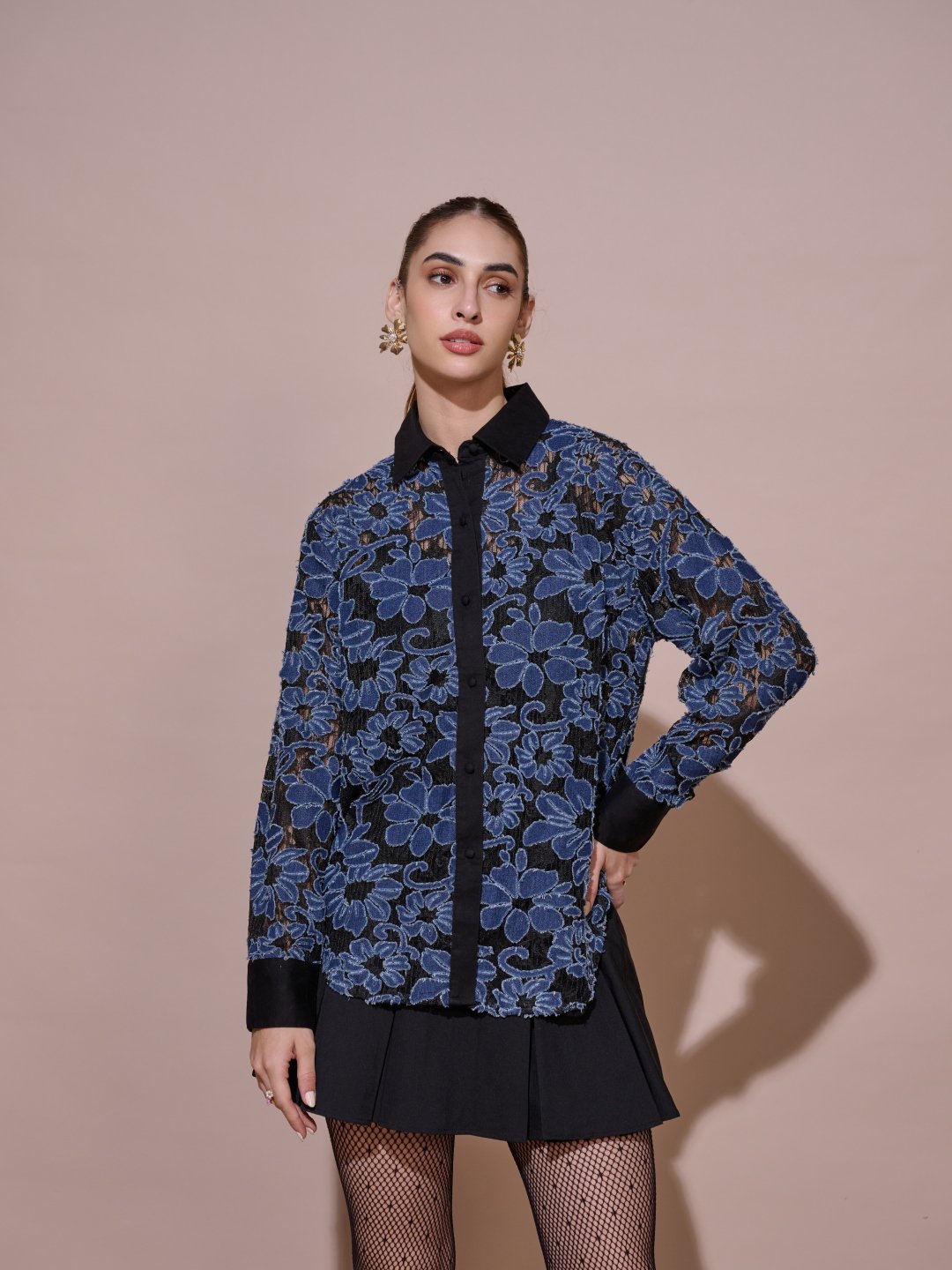 Blue Floral Jacquard Button-Down Shirt