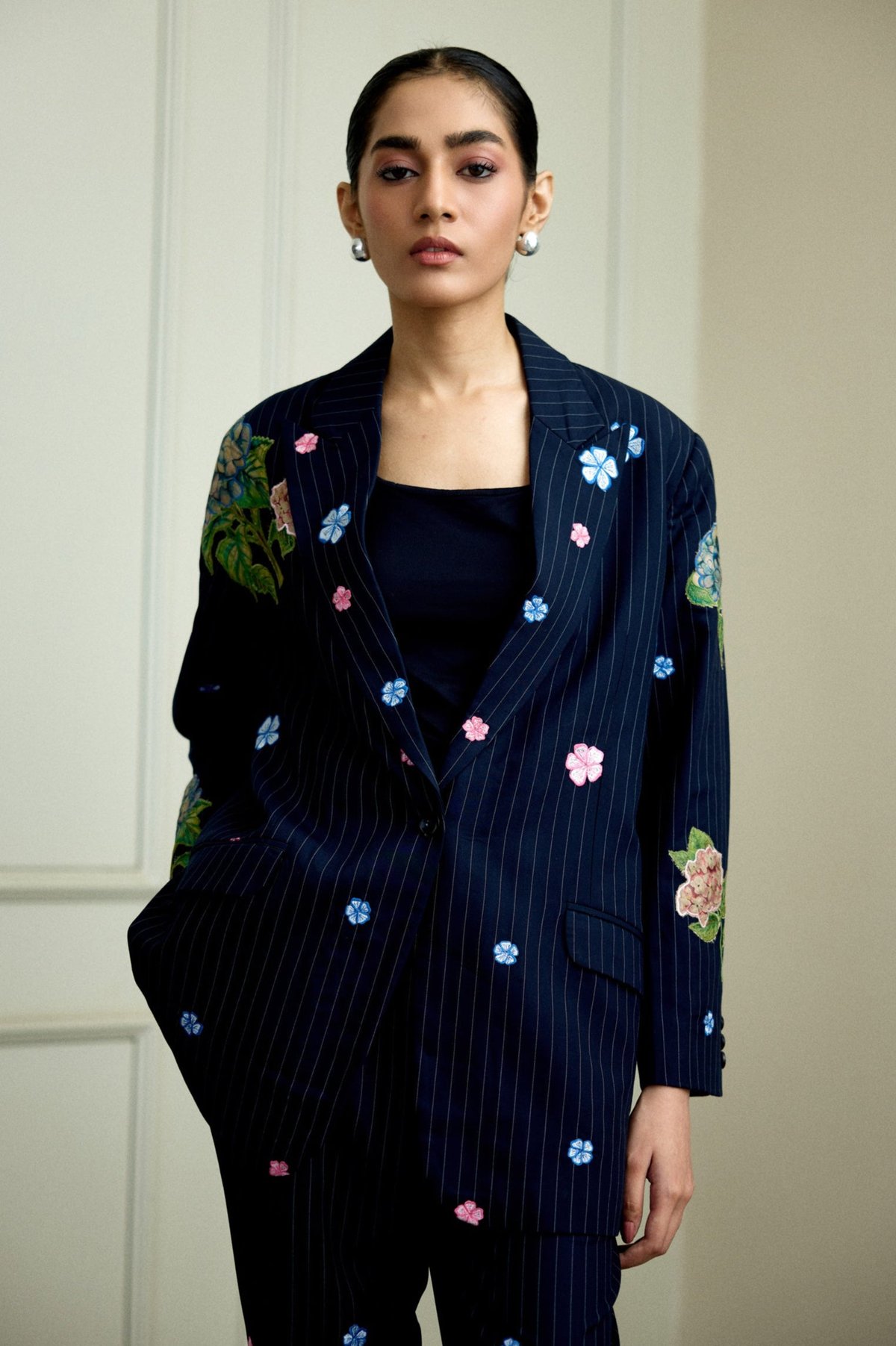 Navy Pinstripe Tailored Blazer with Floral Applique