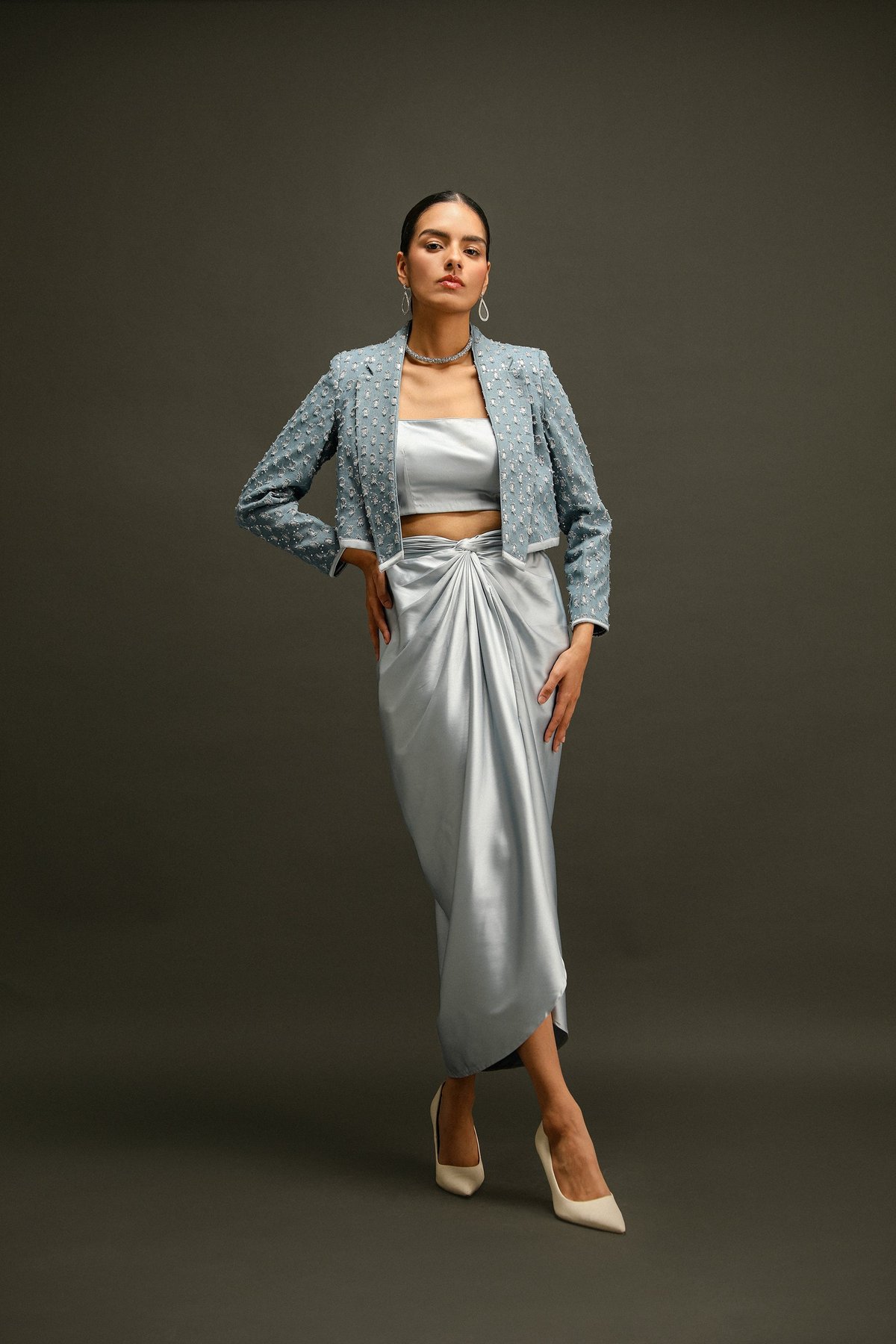 Blue Sequin Jacket, Bustier and Draped Maxi Skirt Co-ord Set