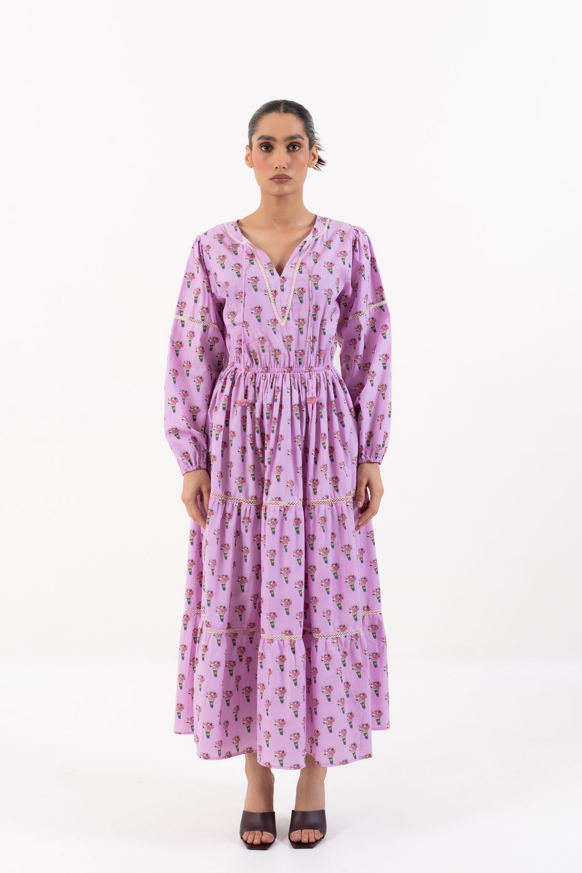 Purple Tiered Midi Dress with Floral Print and Tie-Up Neck