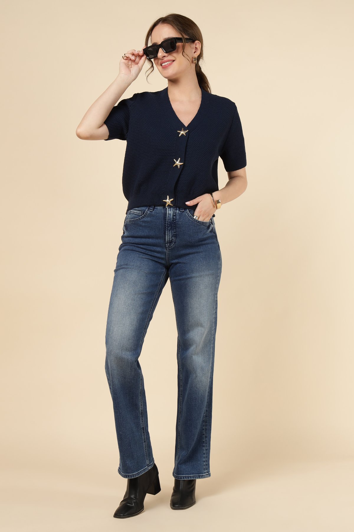 Navy V-Neck Starfish Button Knit Cardigan