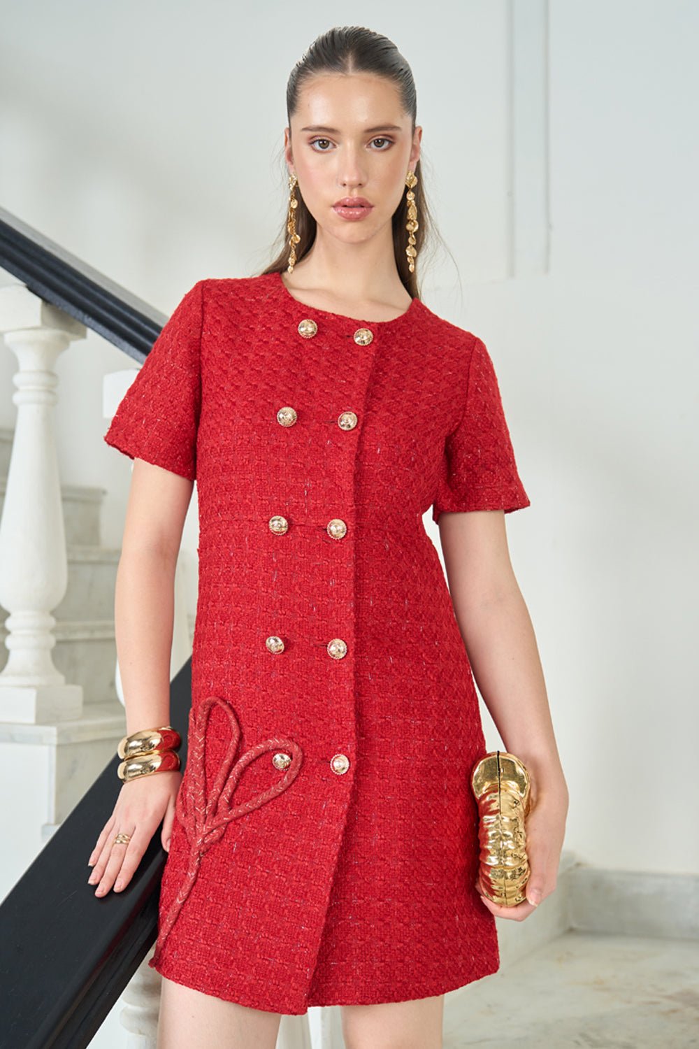 Red Tweed Mini Shift Dress with Gold Button Front