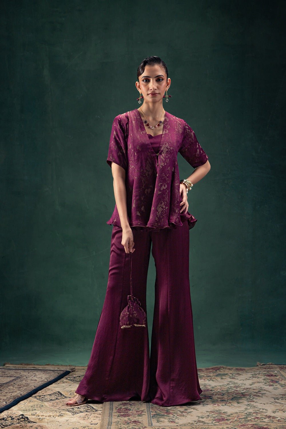 Plum Jacquard Jacket and Sharara Co-ord Set