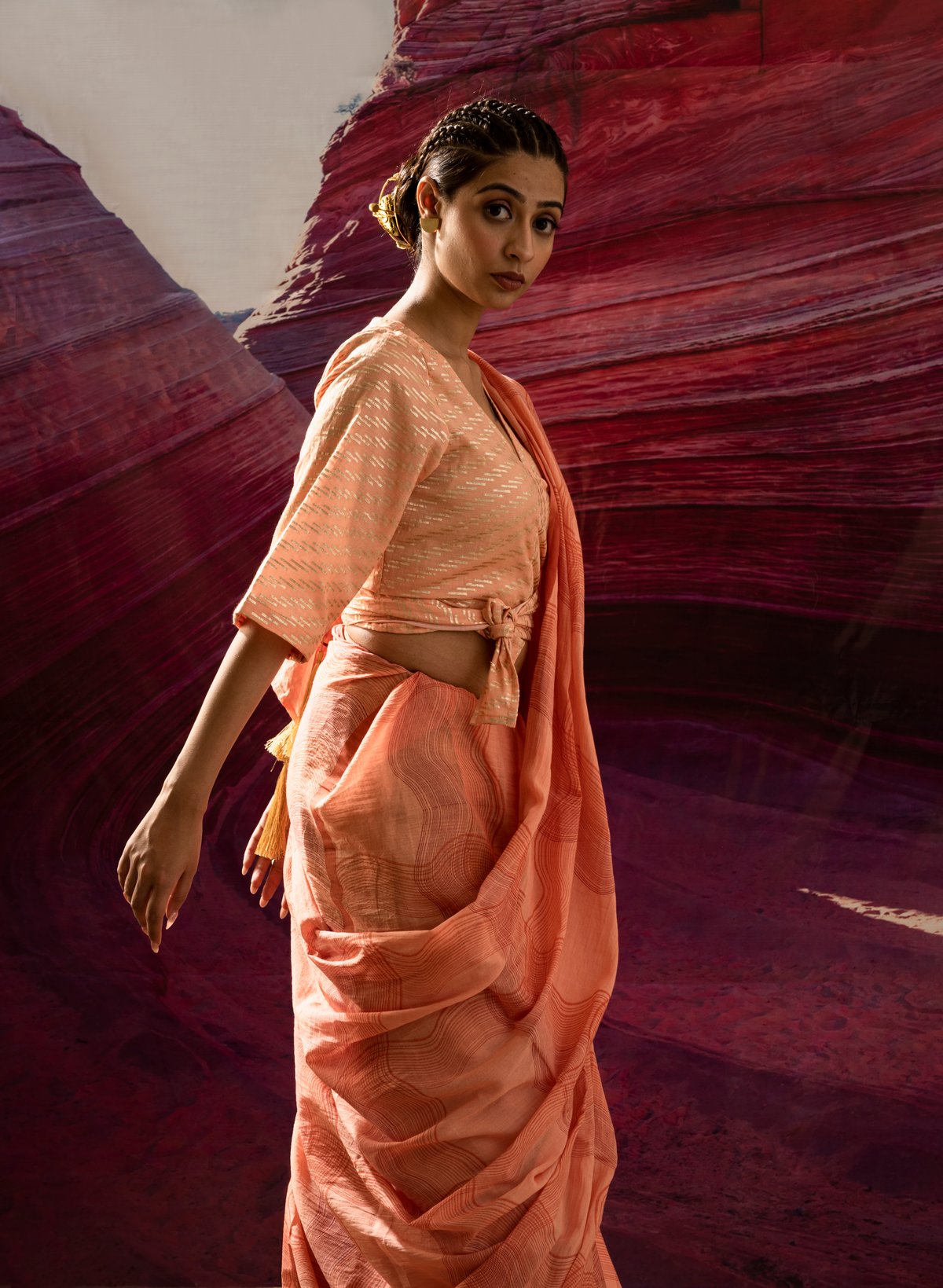Peach Red Hand Block Printed Cotton Saree with Blouse Fabric