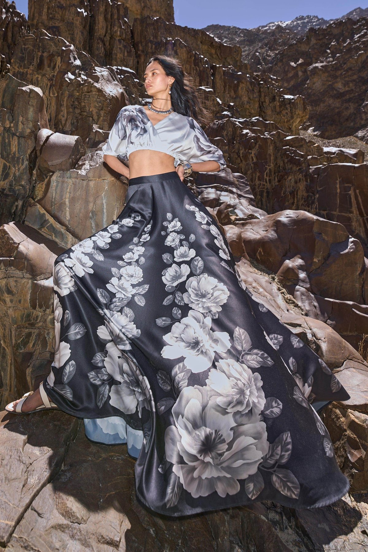 Black Grey-Scale Floral Satin Maxi Skirt with Side Zip