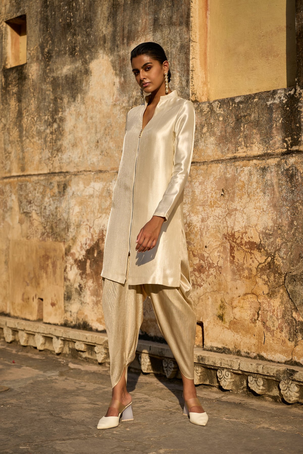 Light Gold Metallic Draped Dhoti Pants