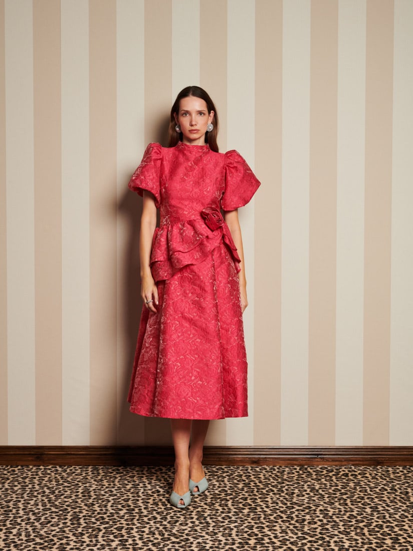 Pink Floral Jacquard Puff Sleeve Midi Dress