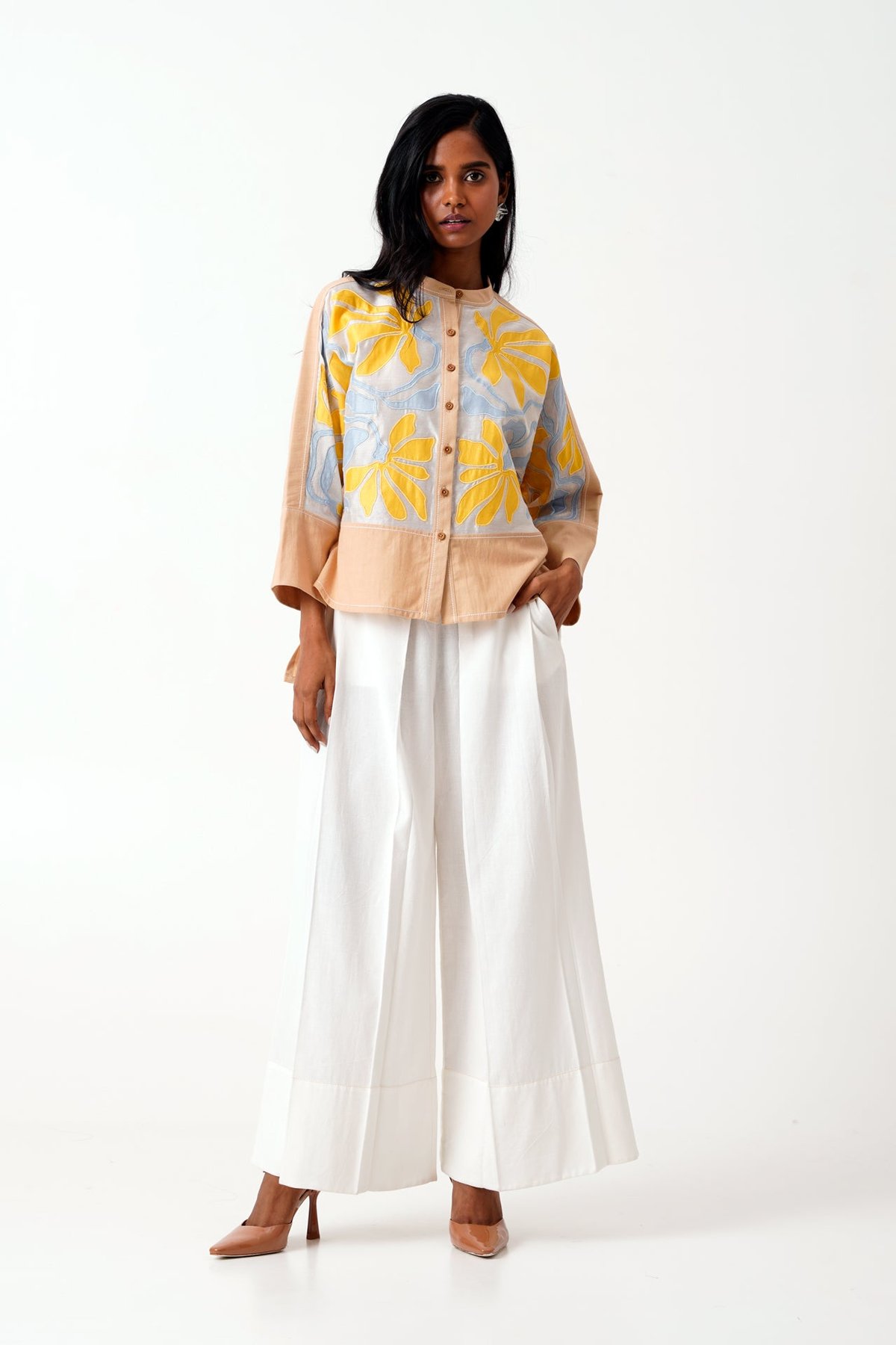 Latte Applique Top and White Wide-Leg Pants Co-ord Set