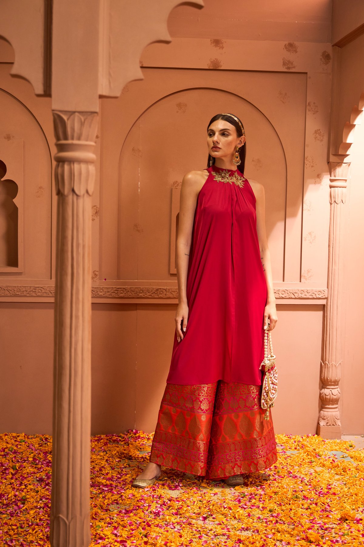 Red Halter Top and Flared Brocade Pants Co-ord Set
