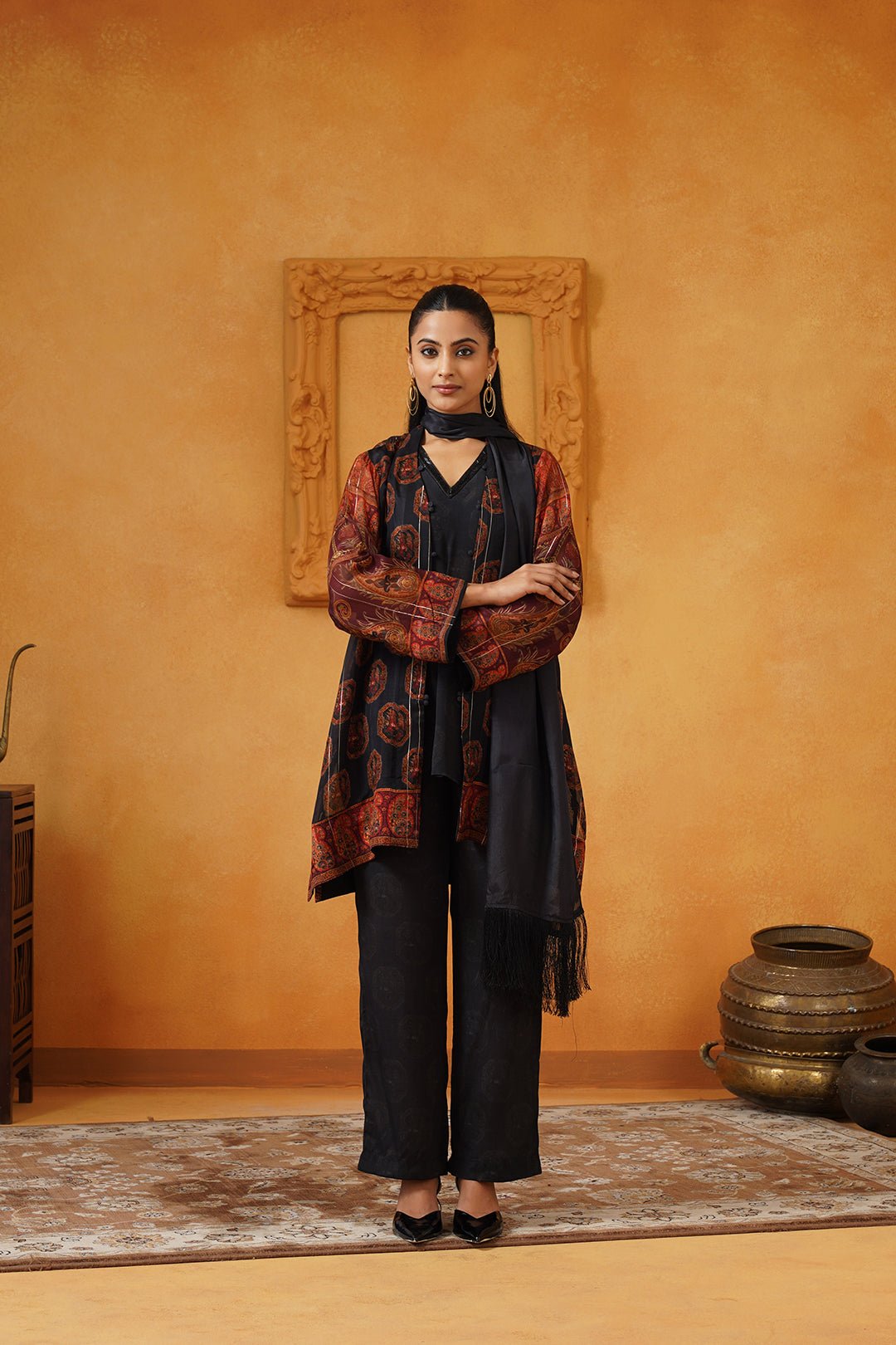 Black Printed Longline Overlay Co-ord Set with Stole