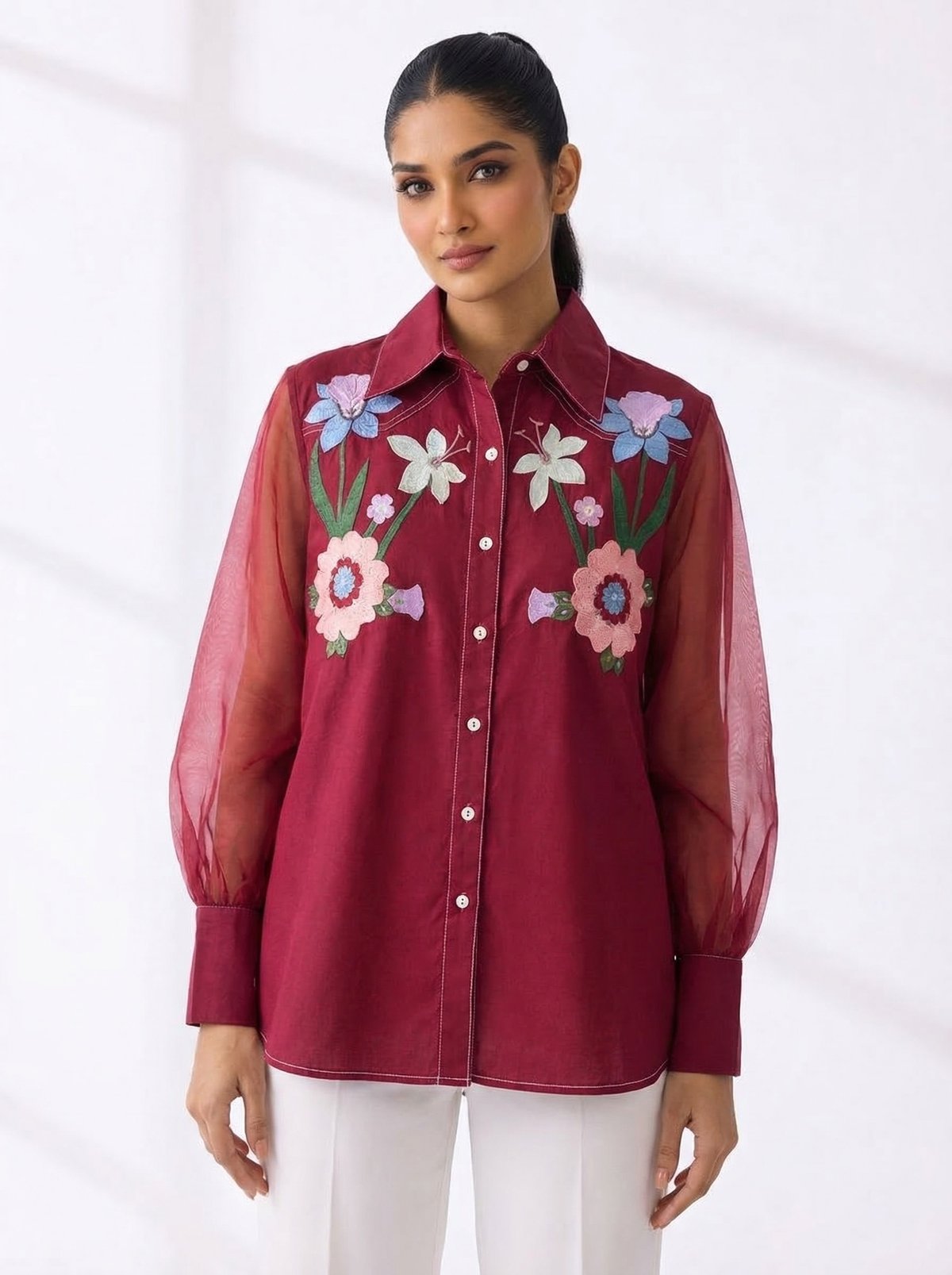 Red Embroidered Sheer-Sleeve Button-Down Shirt