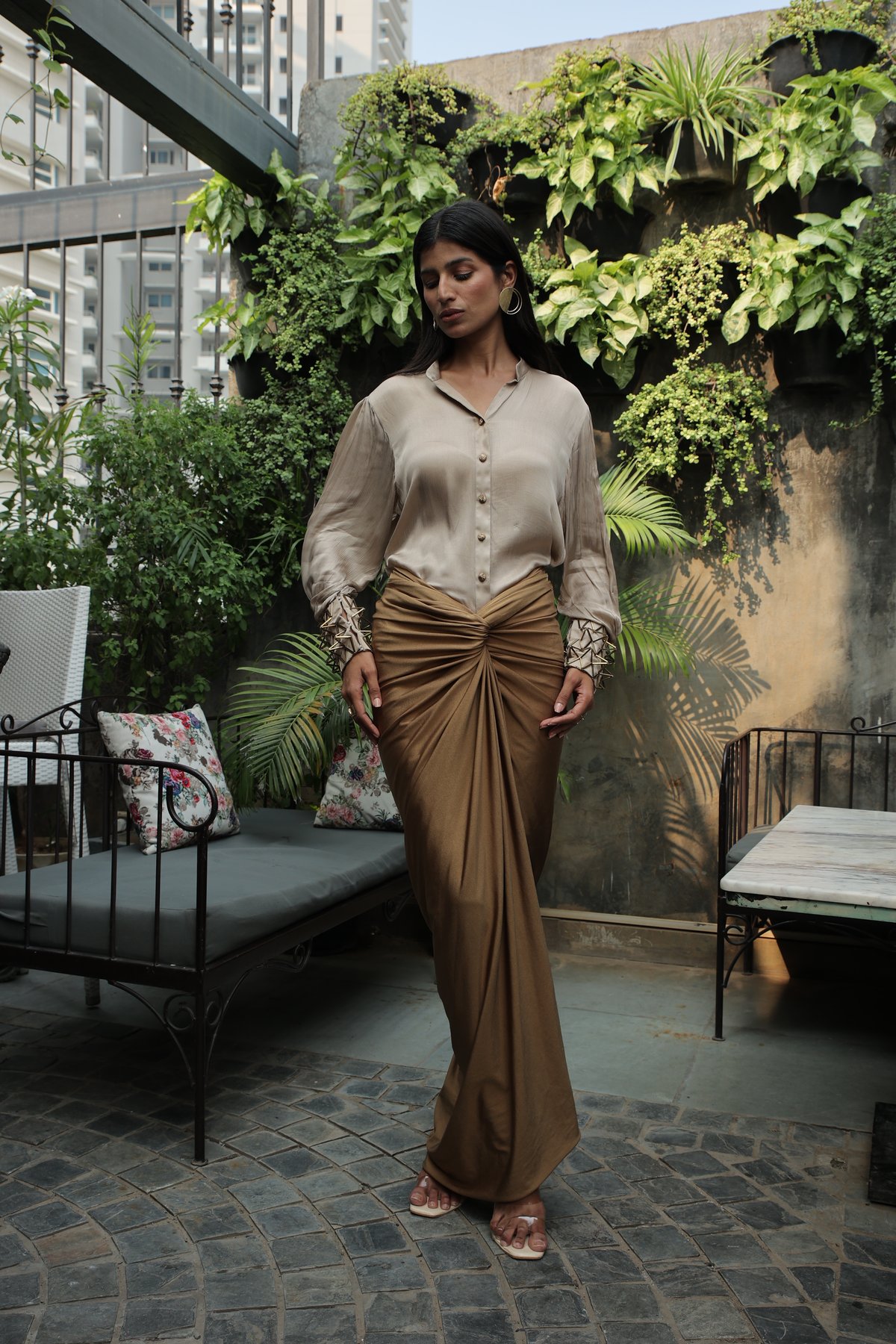 Ivory Shirt and Bronze-Gold Maxi Skirt Co-ord Set