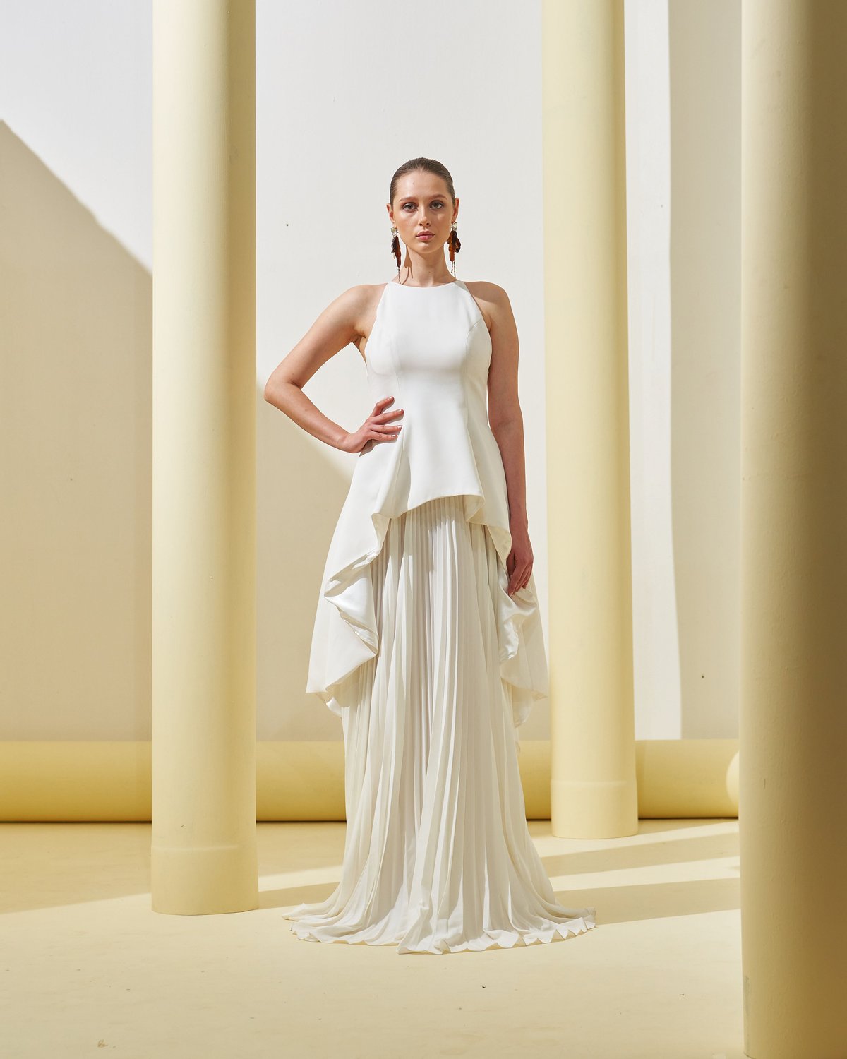 White Boat Neck Maxi Gown with Pleated Skirt
