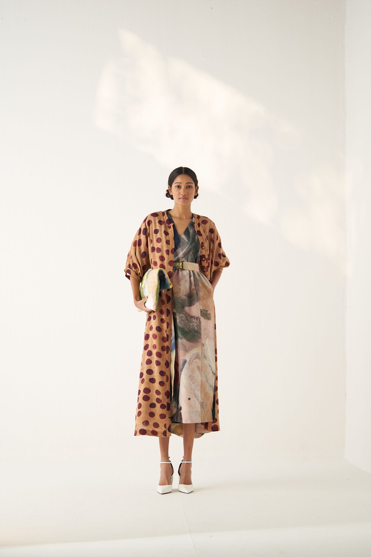 Mustard Polka Dot and Abstract Panel A-Line Kurta