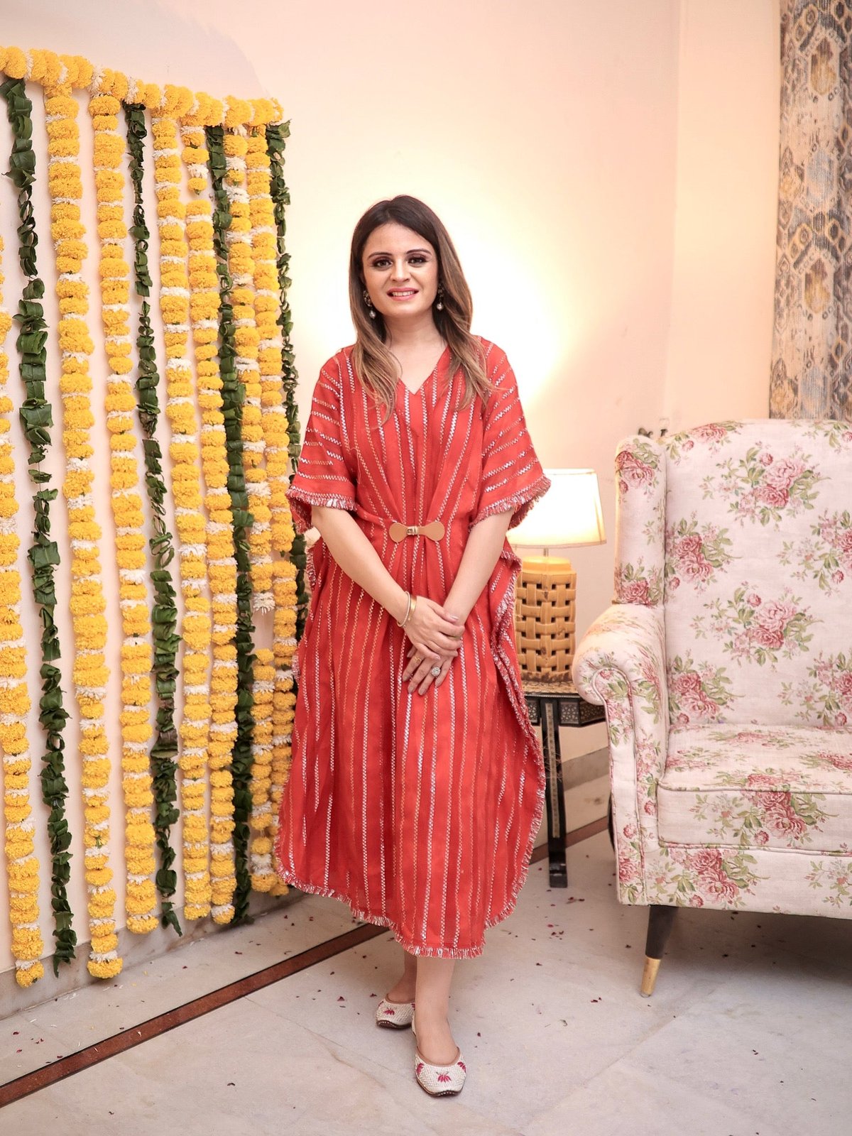 Red Jacquard Lurex Striped Kaftan with Buckle Waist