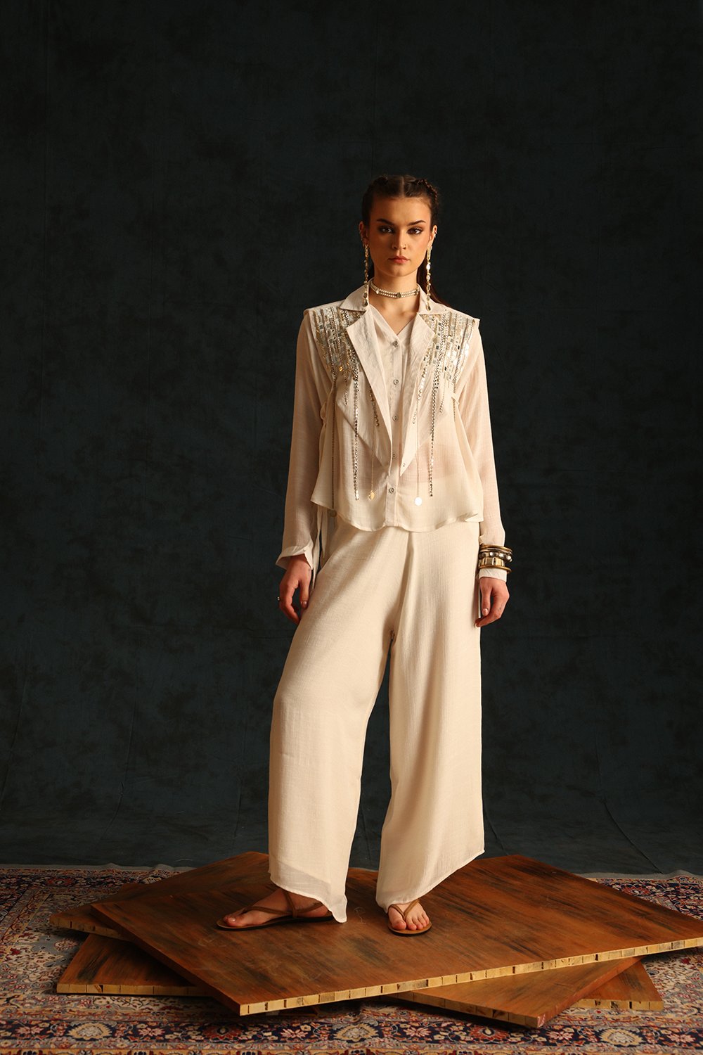 Off-White Shirt, Cape Waistcoat and Wide-Leg Pants Co-ord Set