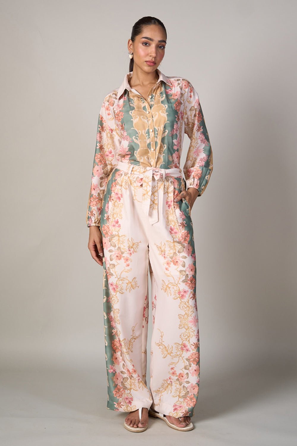 White Floral Satin Straight-Leg Pants with Sage Panels