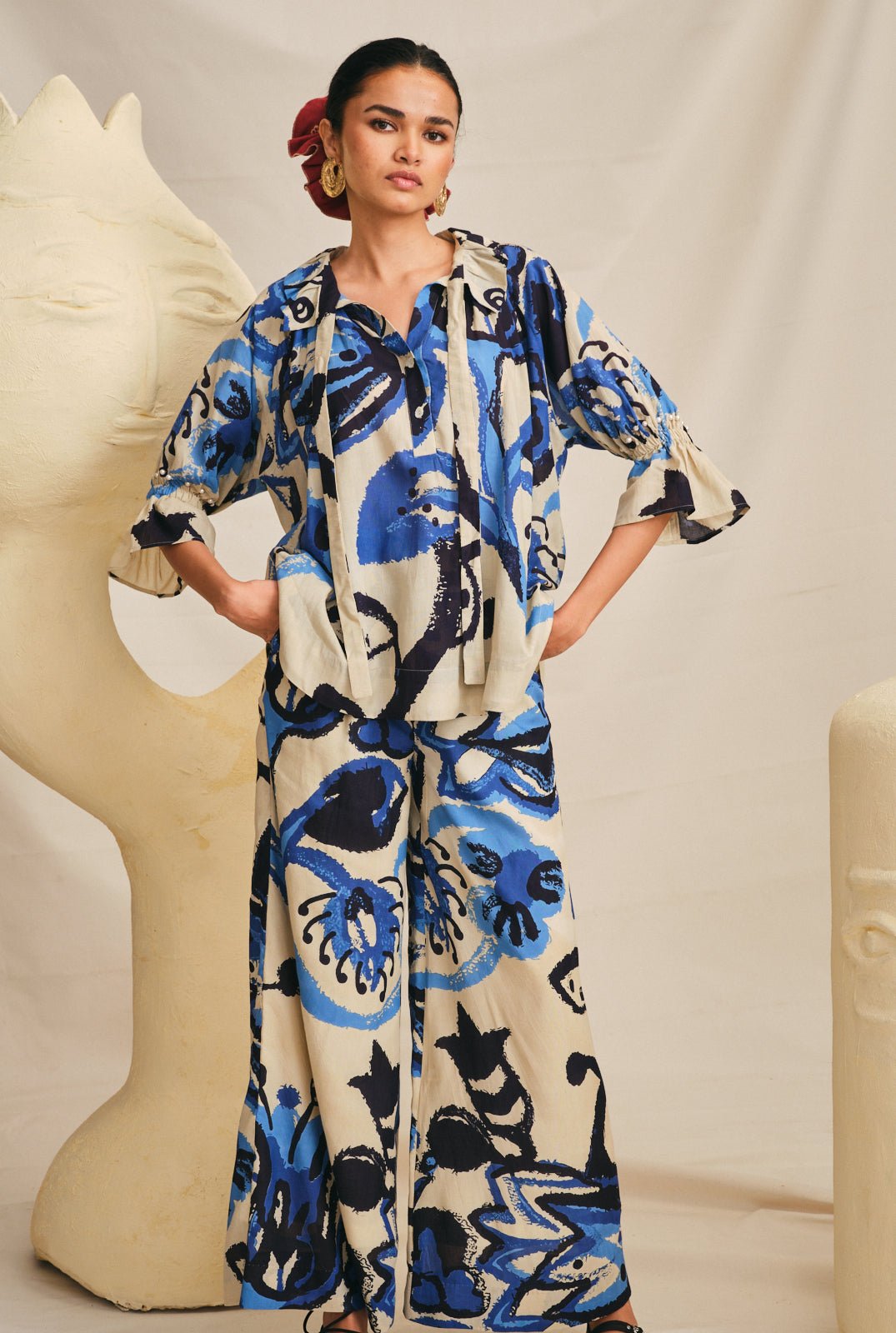 Blue Abstract Printed Co-ord Set with Wide-Leg Trousers