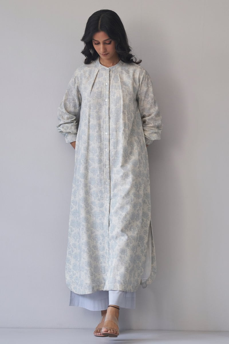 Cream Floral Linen Co-ord Set with Mandarin Collar Kurta